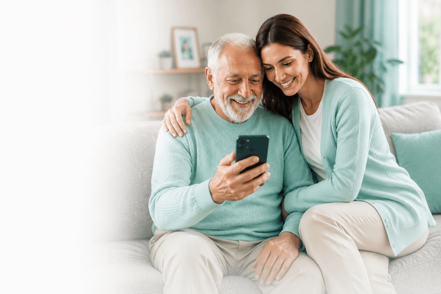 An elderly man and his daughter smiling together while looking at a phone